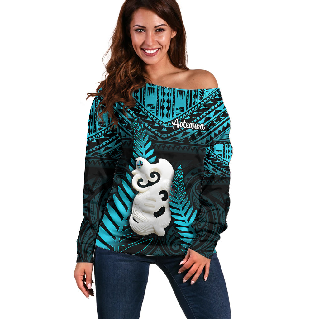 New Zealand Off Shoulder Sweater Manaia Maori Pattern With Turquoise Fern LT05 Women Turquoise - Polynesian Pride