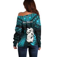 New Zealand Off Shoulder Sweater Manaia Maori Pattern With Turquoise Fern LT05 - Polynesian Pride
