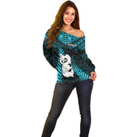 New Zealand Off Shoulder Sweater Manaia Maori Pattern With Turquoise Fern LT05 - Polynesian Pride