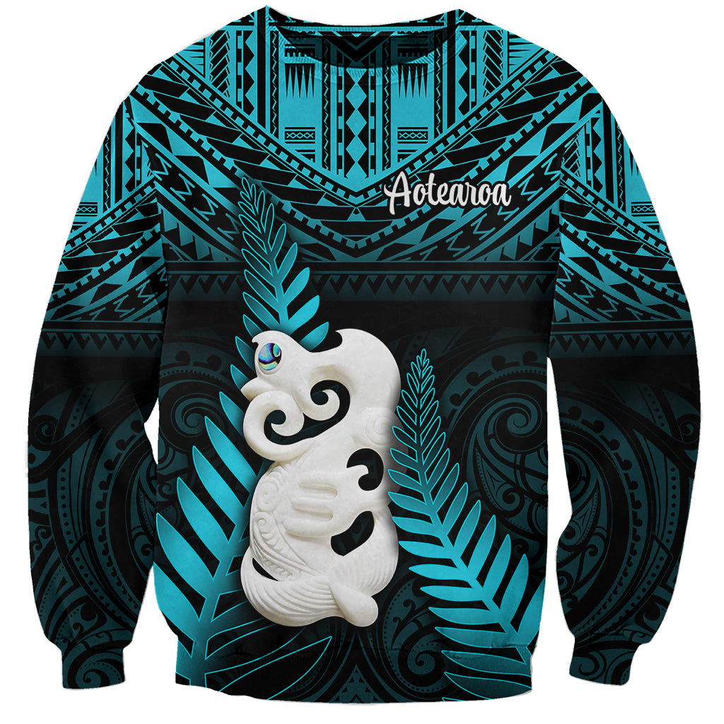 New Zealand Sweatshirt Manaia Maori Pattern With Turquoise Fern LT05 Unisex Turquoise - Polynesian Pride