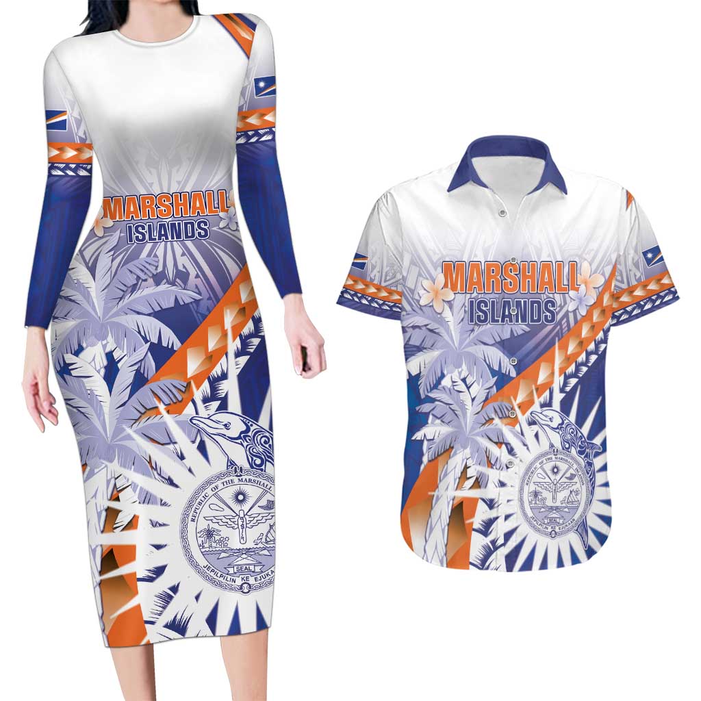 Personalised Marshall Islands Manit Day Couples Matching Long Sleeve Bodycon Dress and Hawaiian Shirt Polynesian Tribal Tattoo Tropical Style LT05 Blue - Polynesian Pride