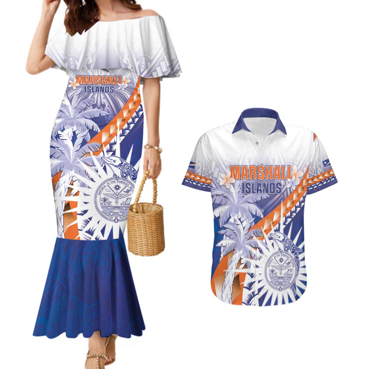 Personalised Marshall Islands Manit Day Couples Matching Mermaid Dress and Hawaiian Shirt Polynesian Tribal Tattoo Tropical Style LT05 Blue - Polynesian Pride