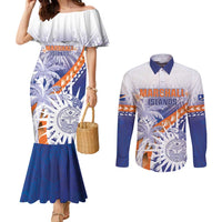 Personalised Marshall Islands Manit Day Couples Matching Mermaid Dress and Long Sleeve Button Shirt Polynesian Tribal Tattoo Tropical Style LT05 Blue - Polynesian Pride