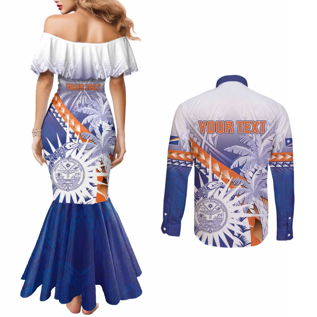 Personalised Marshall Islands Manit Day Couples Matching Mermaid Dress and Long Sleeve Button Shirt Polynesian Tribal Tattoo Tropical Style LT05 - Polynesian Pride