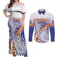 Personalised Marshall Islands Manit Day Couples Matching Off Shoulder Maxi Dress and Long Sleeve Button Shirt Polynesian Tribal Tattoo Tropical Style LT05 Blue - Polynesian Pride