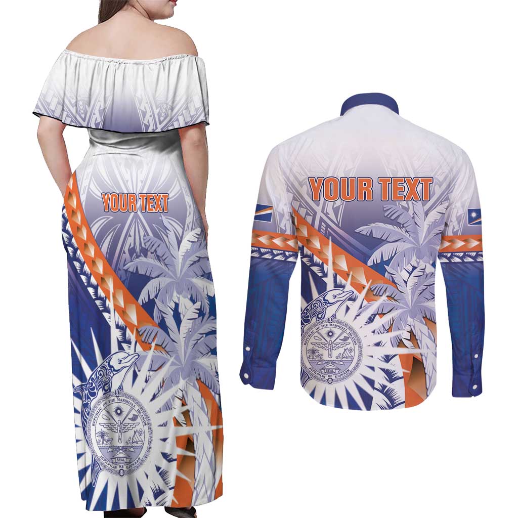 Personalised Marshall Islands Manit Day Couples Matching Off Shoulder Maxi Dress and Long Sleeve Button Shirt Polynesian Tribal Tattoo Tropical Style LT05 - Polynesian Pride