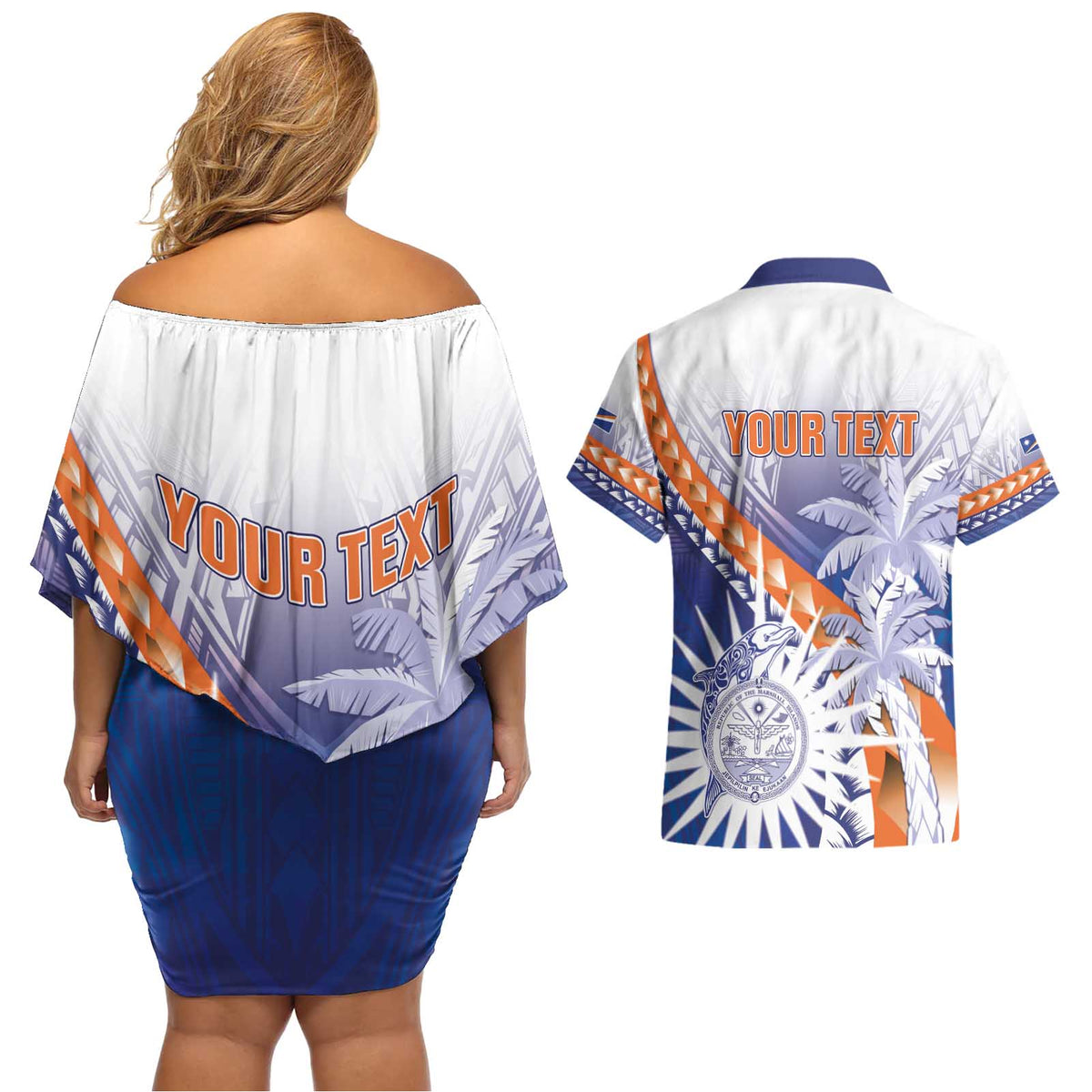 Personalised Marshall Islands Manit Day Couples Matching Off Shoulder Short Dress and Hawaiian Shirt Polynesian Tribal Tattoo Tropical Style LT05 - Polynesian Pride