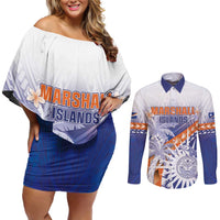 Personalised Marshall Islands Manit Day Couples Matching Off Shoulder Short Dress and Long Sleeve Button Shirt Polynesian Tribal Tattoo Tropical Style LT05 Blue - Polynesian Pride