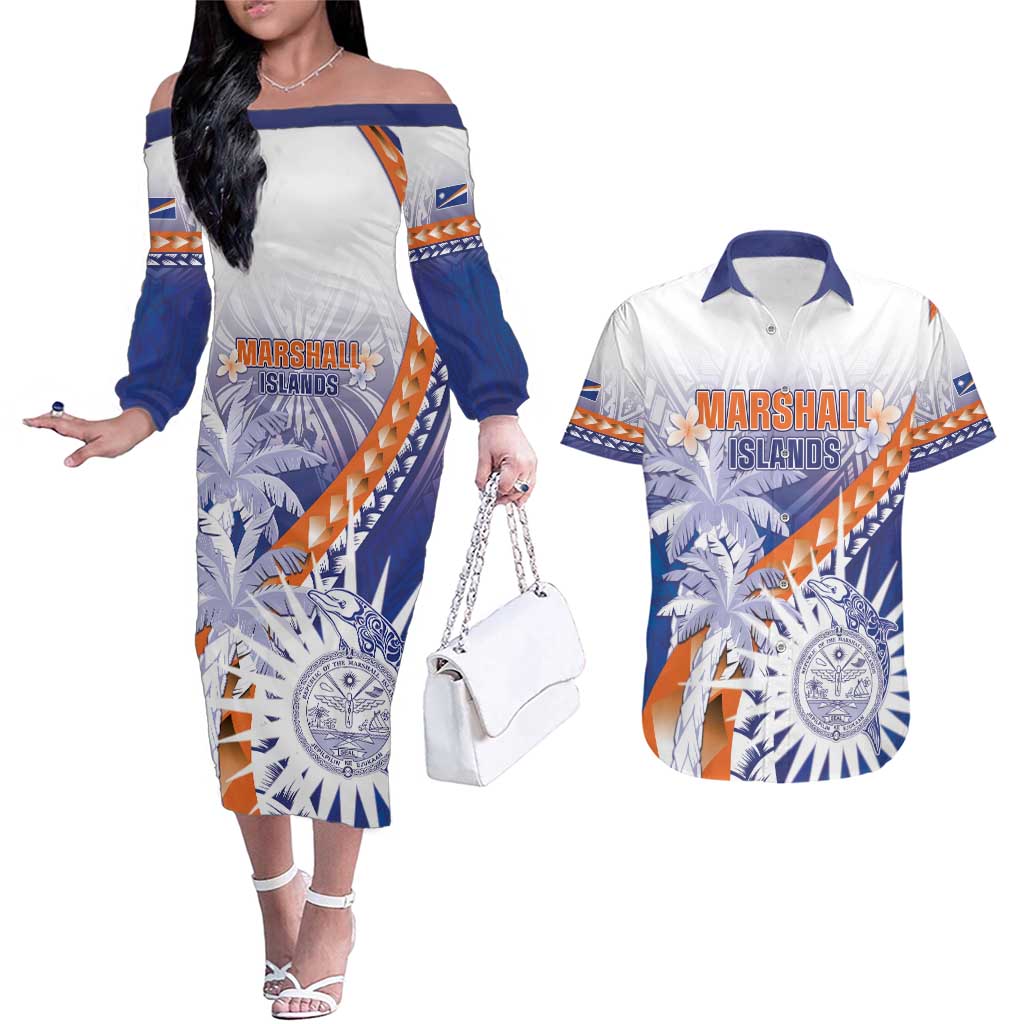 Personalised Marshall Islands Manit Day Couples Matching Off The Shoulder Long Sleeve Dress and Hawaiian Shirt Polynesian Tribal Tattoo Tropical Style LT05 Blue - Polynesian Pride
