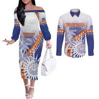 Personalised Marshall Islands Manit Day Couples Matching Off The Shoulder Long Sleeve Dress and Long Sleeve Button Shirt Polynesian Tribal Tattoo Tropical Style LT05 Blue - Polynesian Pride