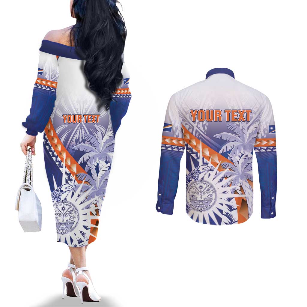 Personalised Marshall Islands Manit Day Couples Matching Off The Shoulder Long Sleeve Dress and Long Sleeve Button Shirt Polynesian Tribal Tattoo Tropical Style LT05 - Polynesian Pride