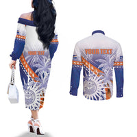 Personalised Marshall Islands Manit Day Couples Matching Off The Shoulder Long Sleeve Dress and Long Sleeve Button Shirt Polynesian Tribal Tattoo Tropical Style LT05 - Polynesian Pride