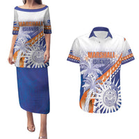 Personalised Marshall Islands Manit Day Couples Matching Puletasi and Hawaiian Shirt Polynesian Tribal Tattoo Tropical Style LT05 Blue - Polynesian Pride