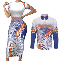 Personalised Marshall Islands Manit Day Couples Matching Short Sleeve Bodycon Dress and Long Sleeve Button Shirt Polynesian Tribal Tattoo Tropical Style LT05 Blue - Polynesian Pride