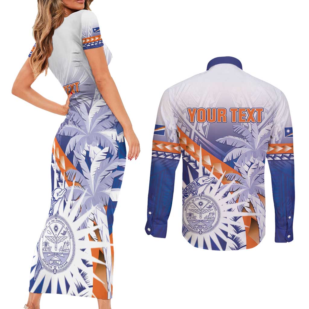 Personalised Marshall Islands Manit Day Couples Matching Short Sleeve Bodycon Dress and Long Sleeve Button Shirt Polynesian Tribal Tattoo Tropical Style LT05 - Polynesian Pride