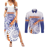 Personalised Marshall Islands Manit Day Couples Matching Summer Maxi Dress and Long Sleeve Button Shirt Polynesian Tribal Tattoo Tropical Style LT05 Blue - Polynesian Pride