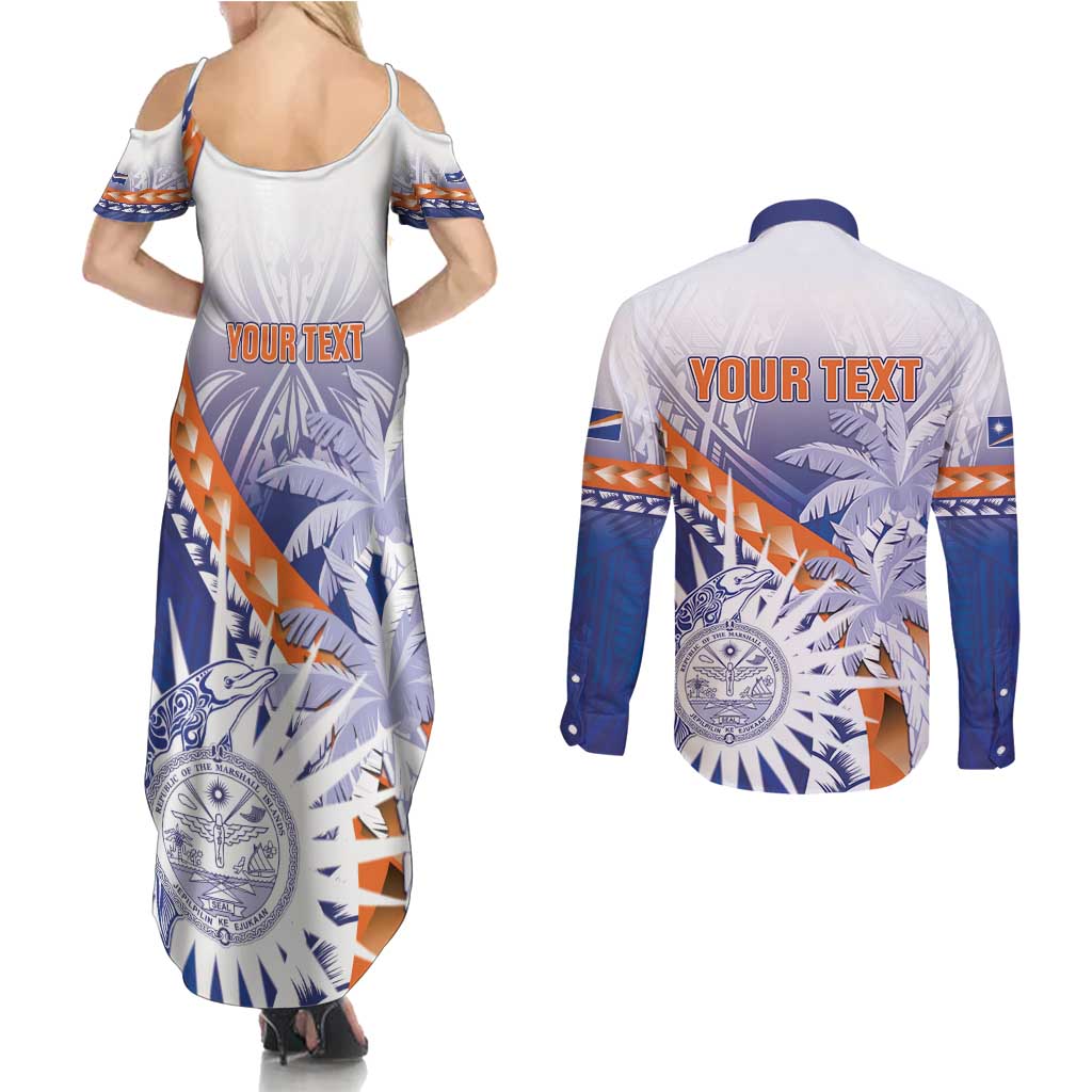 Personalised Marshall Islands Manit Day Couples Matching Summer Maxi Dress and Long Sleeve Button Shirt Polynesian Tribal Tattoo Tropical Style LT05 - Polynesian Pride