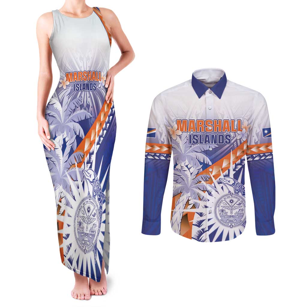 Personalised Marshall Islands Manit Day Couples Matching Tank Maxi Dress and Long Sleeve Button Shirt Polynesian Tribal Tattoo Tropical Style LT05 Blue - Polynesian Pride