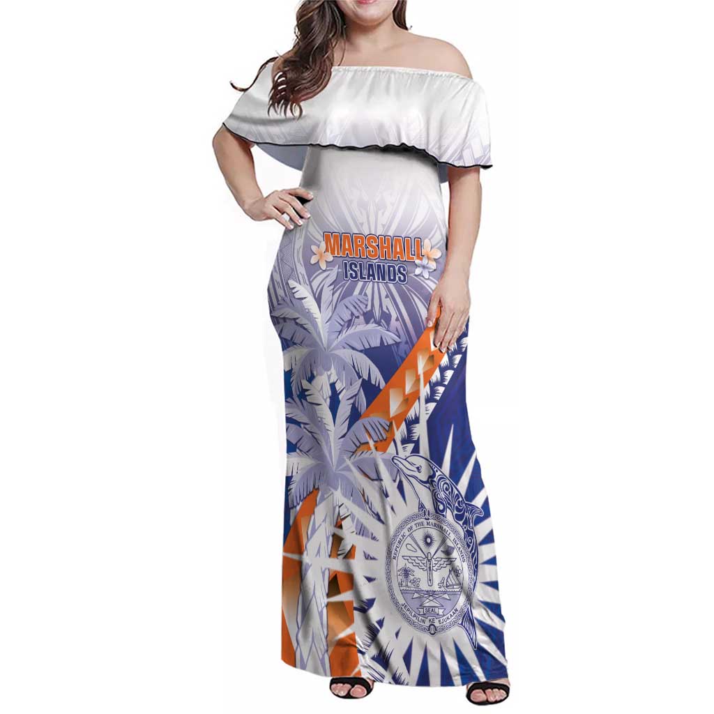 Personalised Marshall Islands Manit Day Family Matching Off Shoulder Maxi Dress and Hawaiian Shirt Polynesian Tribal Tattoo Tropical Style LT05 Mom's Dress Blue - Polynesian Pride