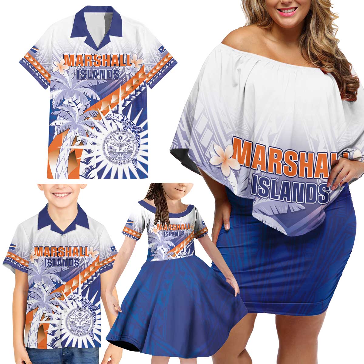 Personalised Marshall Islands Manit Day Family Matching Off Shoulder Short Dress and Hawaiian Shirt Polynesian Tribal Tattoo Tropical Style LT05 - Polynesian Pride