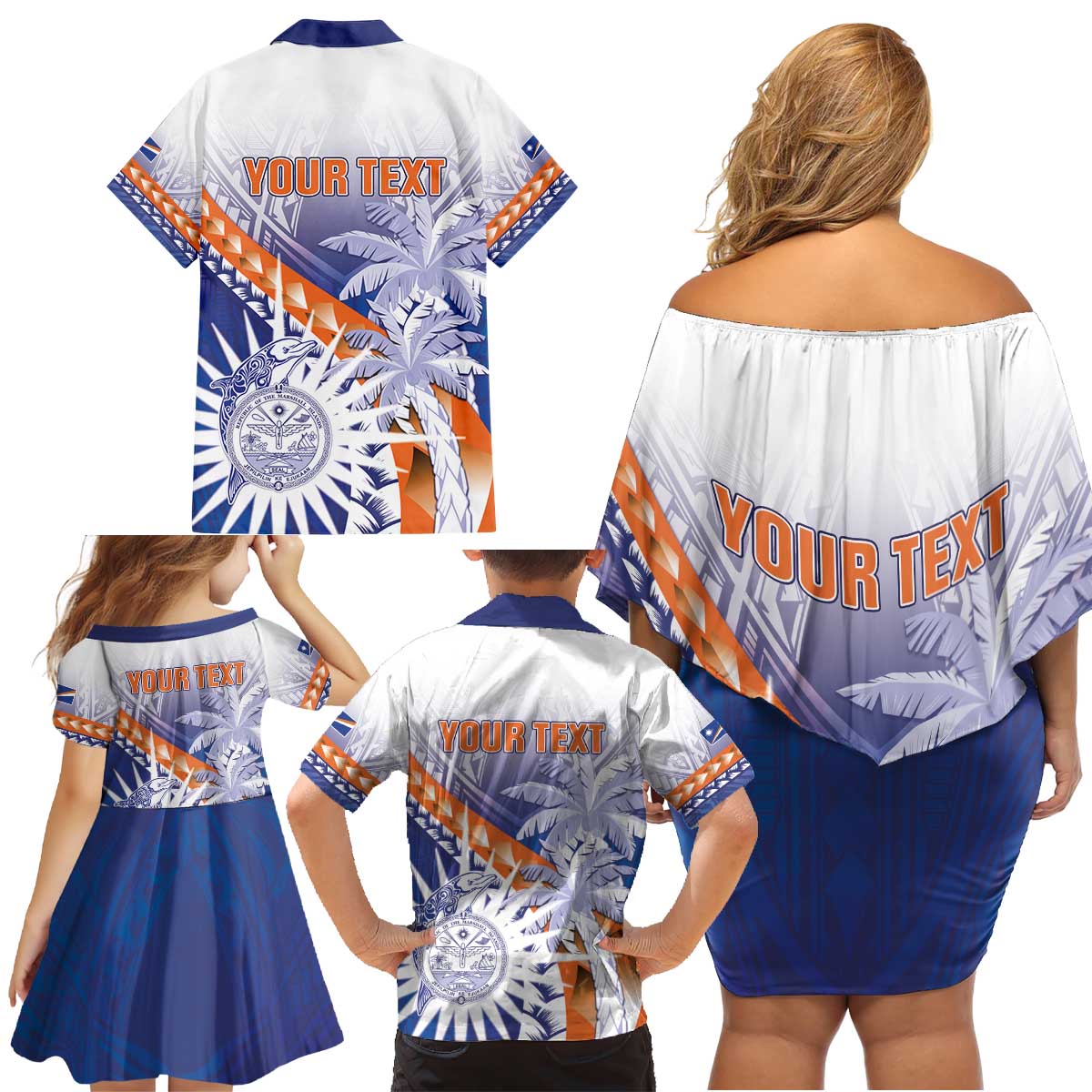 Personalised Marshall Islands Manit Day Family Matching Off Shoulder Short Dress and Hawaiian Shirt Polynesian Tribal Tattoo Tropical Style LT05 - Polynesian Pride