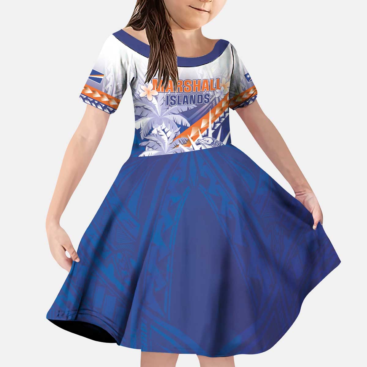 Personalised Marshall Islands Manit Day Family Matching Puletasi and Hawaiian Shirt Polynesian Tribal Tattoo Tropical Style LT05 Daughter's Dress Blue - Polynesian Pride