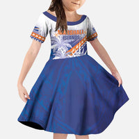 Personalised Marshall Islands Manit Day Family Matching Short Sleeve Bodycon Dress and Hawaiian Shirt Polynesian Tribal Tattoo Tropical Style LT05 Daughter's Dress Blue - Polynesian Pride