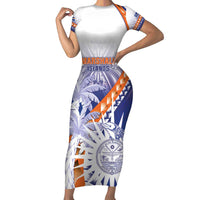 Personalised Marshall Islands Manit Day Family Matching Short Sleeve Bodycon Dress and Hawaiian Shirt Polynesian Tribal Tattoo Tropical Style LT05 Mom's Dress Blue - Polynesian Pride