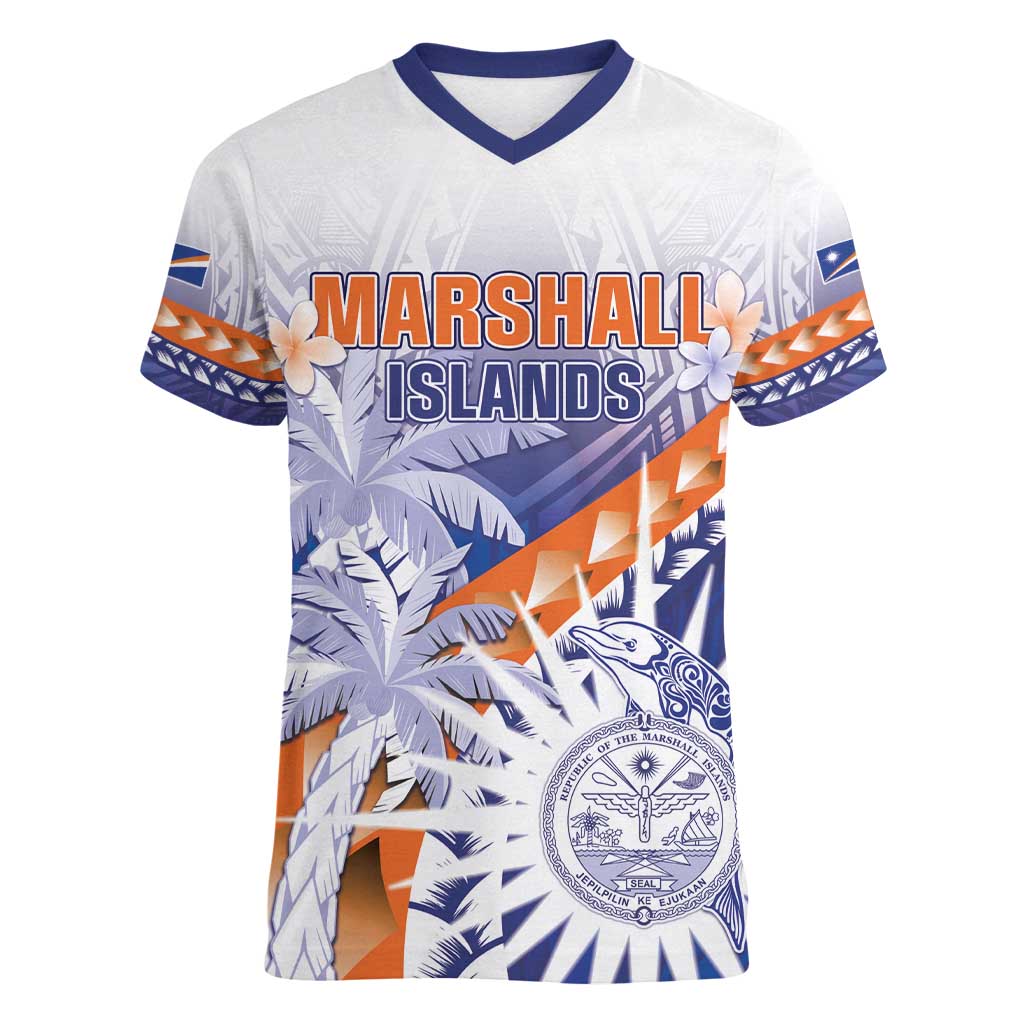 Personalised Marshall Islands Manit Day Women V-Neck T-Shirt Polynesian Tribal Tattoo Tropical Style LT05 Female Blue - Polynesian Pride