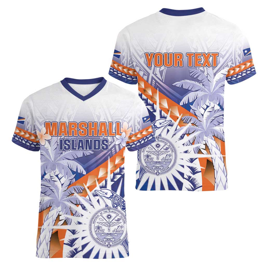 Personalised Marshall Islands Manit Day Women V-Neck T-Shirt Polynesian Tribal Tattoo Tropical Style LT05 - Polynesian Pride