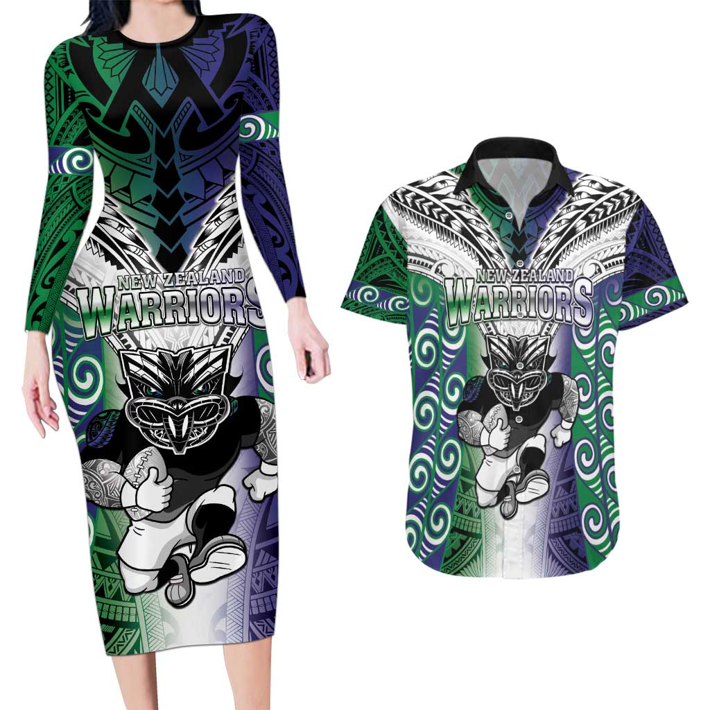 Custom New Zealand Warrior Couples Matching Long Sleeve Bodycon Dress and Hawaiian Shirt Maori Tribal Pattern LT05 Green - Polynesian Pride