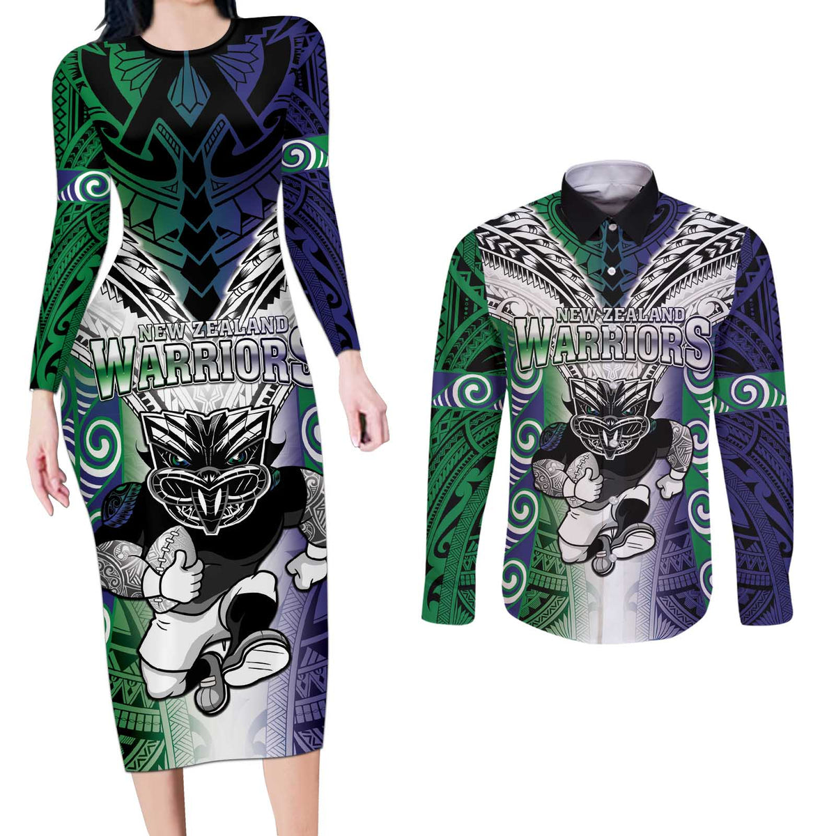 Custom New Zealand Warrior Couples Matching Long Sleeve Bodycon Dress and Long Sleeve Button Shirt Maori Tribal Pattern LT05 Green - Polynesian Pride