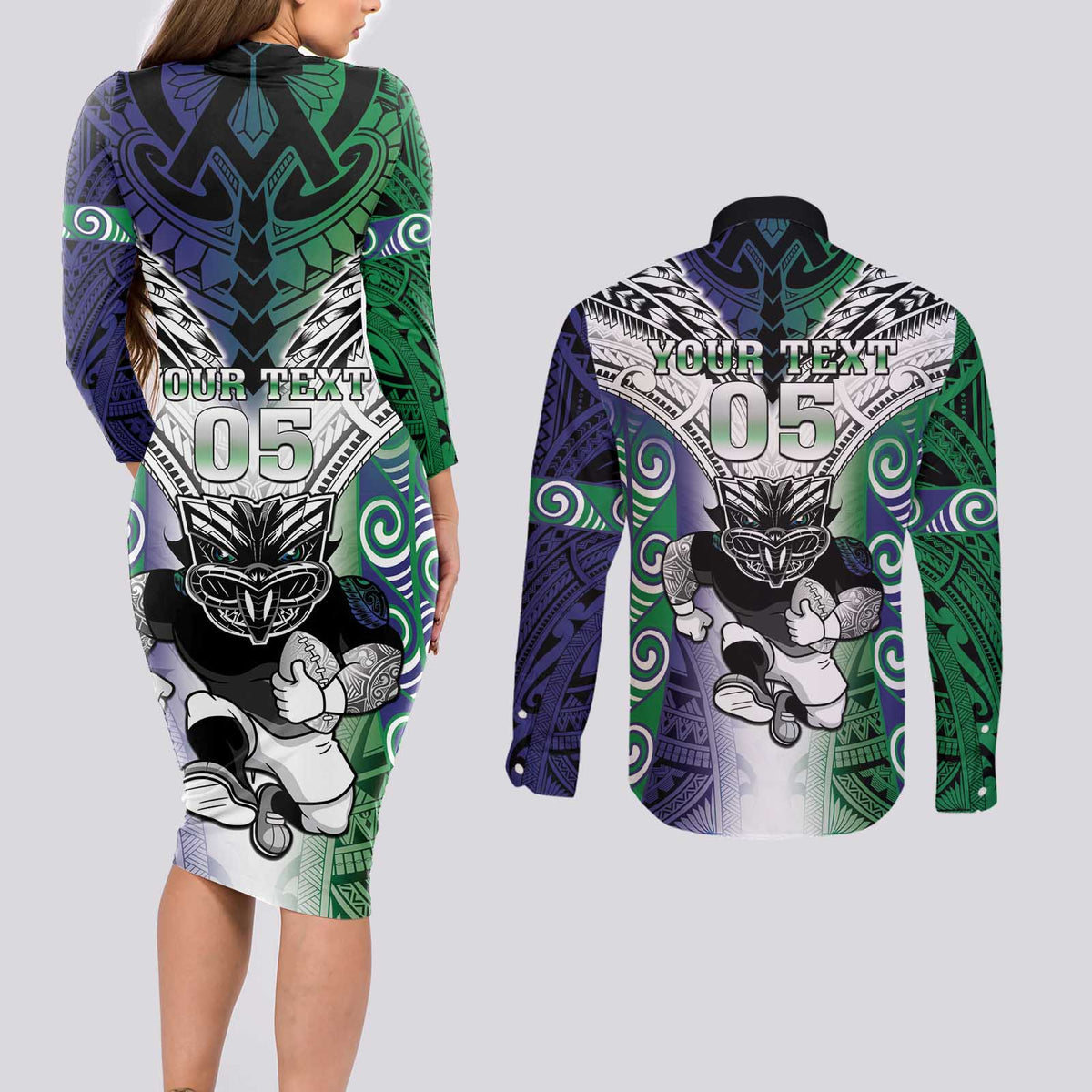 Custom New Zealand Warrior Couples Matching Long Sleeve Bodycon Dress and Long Sleeve Button Shirt Maori Tribal Pattern LT05 - Polynesian Pride