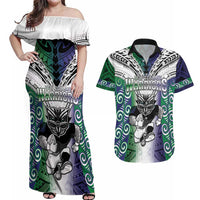 Custom New Zealand Warrior Couples Matching Off Shoulder Maxi Dress and Hawaiian Shirt Maori Tribal Pattern LT05 Green - Polynesian Pride