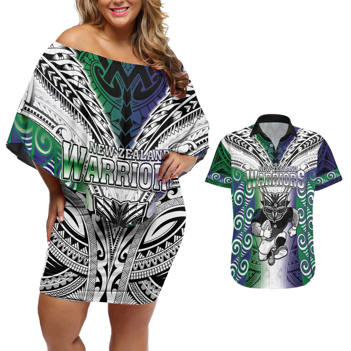 Custom New Zealand Warrior Couples Matching Off Shoulder Short Dress and Hawaiian Shirt Maori Tribal Pattern LT05 Green - Polynesian Pride