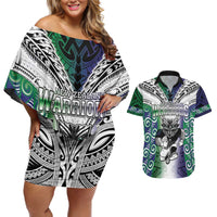 Custom New Zealand Warrior Couples Matching Off Shoulder Short Dress and Hawaiian Shirt Maori Tribal Pattern LT05 Green - Polynesian Pride