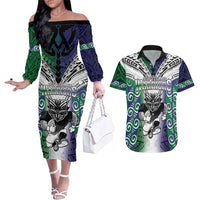 Custom New Zealand Warrior Couples Matching Off The Shoulder Long Sleeve Dress and Hawaiian Shirt Maori Tribal Pattern LT05 Green - Polynesian Pride