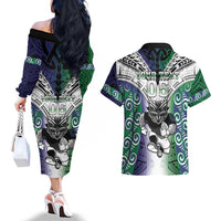 Custom New Zealand Warrior Couples Matching Off The Shoulder Long Sleeve Dress and Hawaiian Shirt Maori Tribal Pattern LT05 - Polynesian Pride