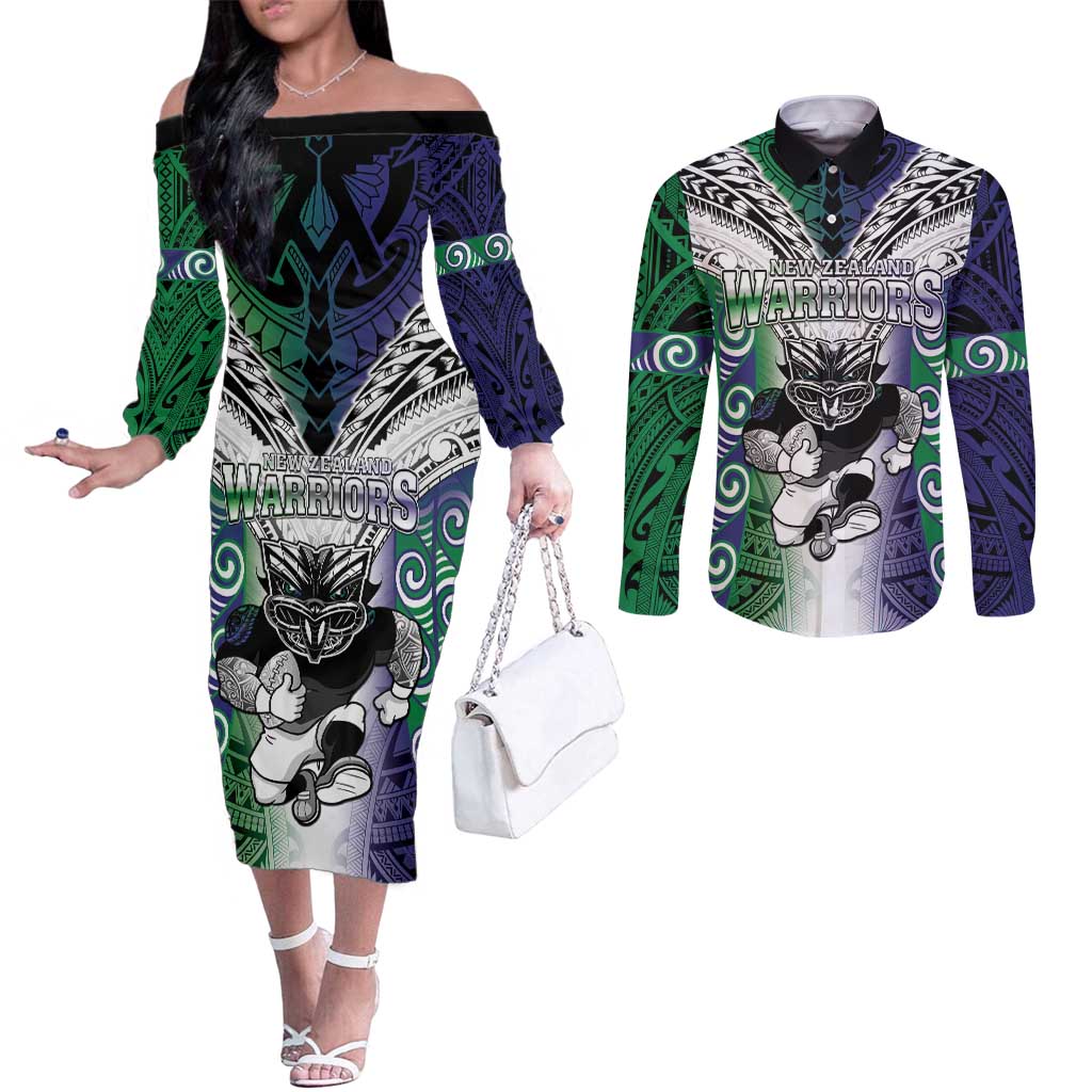 Custom New Zealand Warrior Couples Matching Off The Shoulder Long Sleeve Dress and Long Sleeve Button Shirt Maori Tribal Pattern LT05 Green - Polynesian Pride