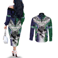 Custom New Zealand Warrior Couples Matching Off The Shoulder Long Sleeve Dress and Long Sleeve Button Shirt Maori Tribal Pattern LT05 - Polynesian Pride