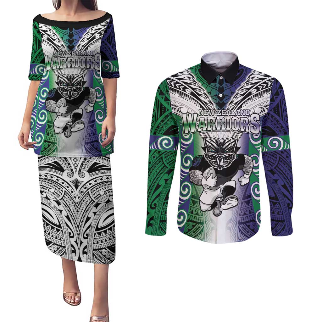 Custom New Zealand Warrior Couples Matching Puletasi and Long Sleeve Button Shirt Maori Tribal Pattern LT05 Green - Polynesian Pride