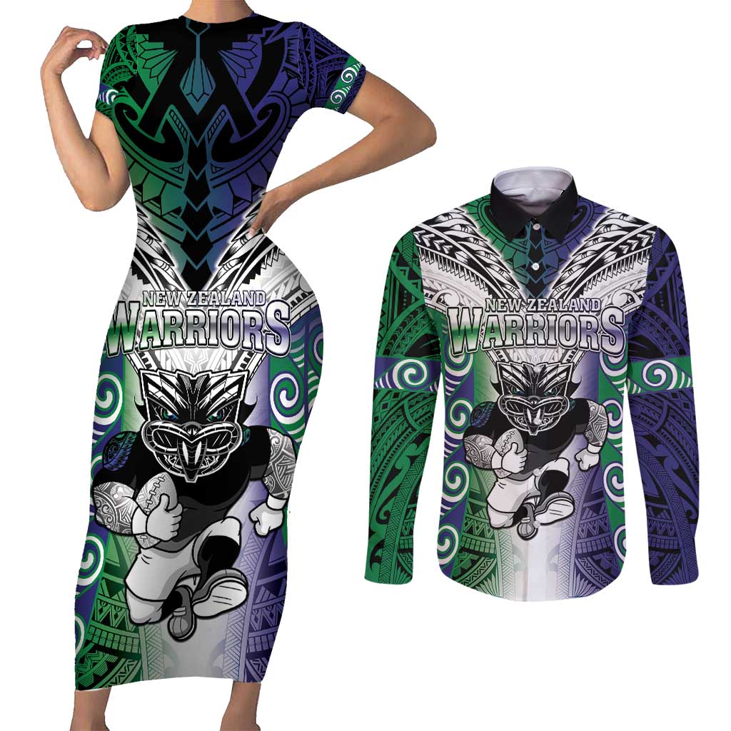 Custom New Zealand Warrior Couples Matching Short Sleeve Bodycon Dress and Long Sleeve Button Shirt Maori Tribal Pattern LT05 Green - Polynesian Pride
