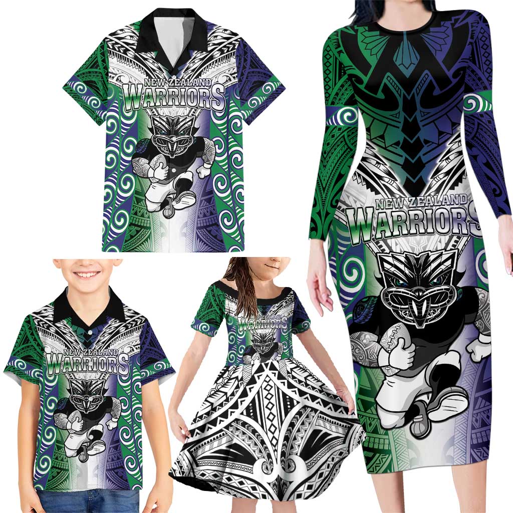 Custom New Zealand Warrior Family Matching Long Sleeve Bodycon Dress and Hawaiian Shirt Maori Tribal Pattern LT05 - Polynesian Pride