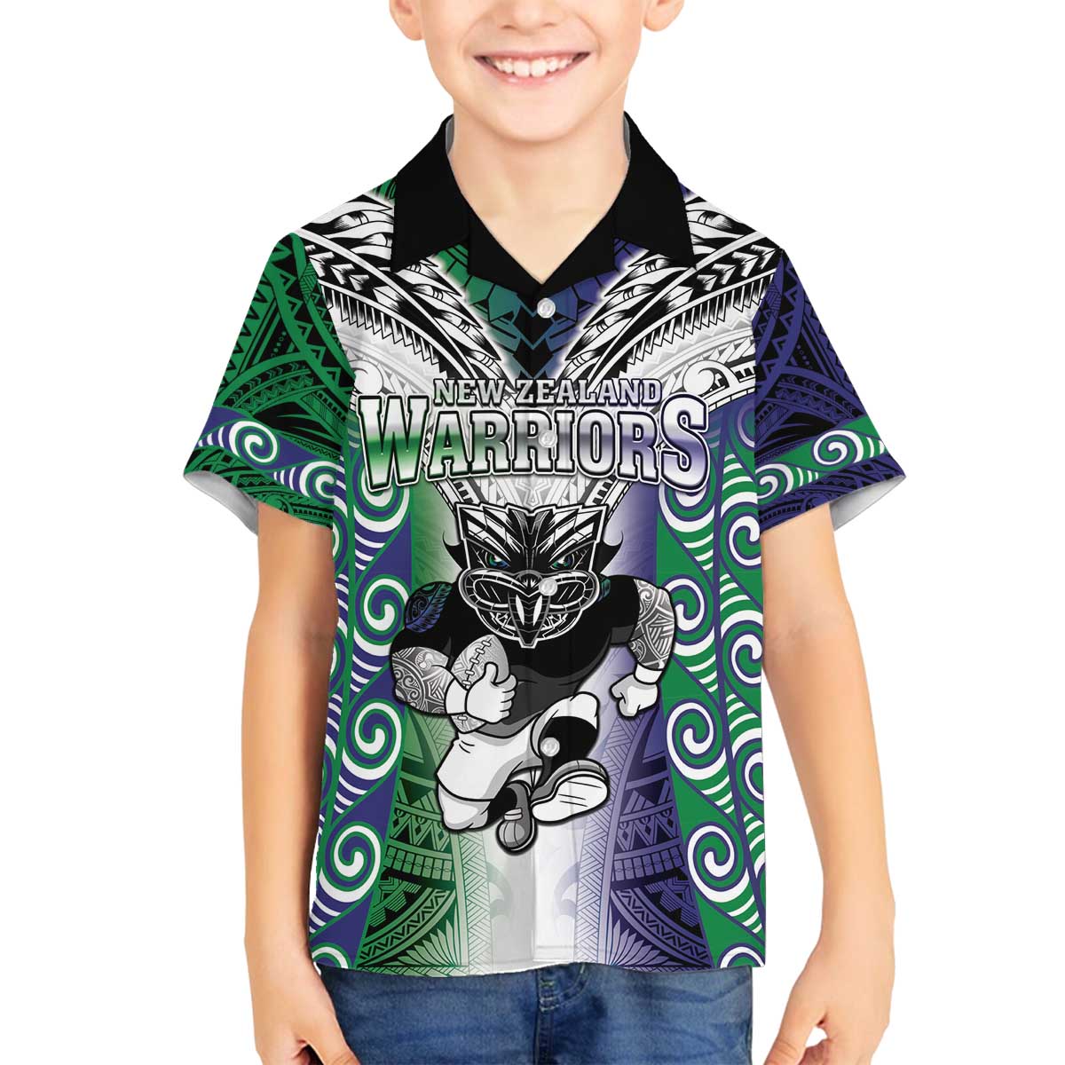 Custom New Zealand Warrior Family Matching Off The Shoulder Long Sleeve Dress and Hawaiian Shirt Maori Tribal Pattern LT05 Son's Shirt Green - Polynesian Pride