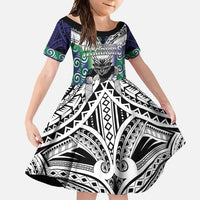 Custom New Zealand Warrior Family Matching Off Shoulder Maxi Dress and Hawaiian Shirt Maori Tribal Pattern LT05 Daughter's Dress Green - Polynesian Pride