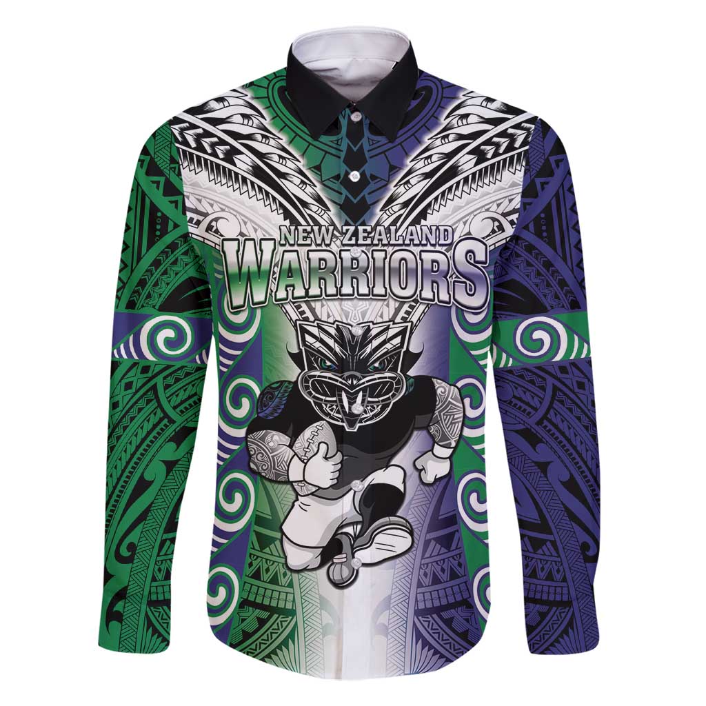 Custom New Zealand Warrior Family Matching Off Shoulder Maxi Dress and Hawaiian Shirt Maori Tribal Pattern LT05 Dad's Shirt - Long Sleeve Green - Polynesian Pride