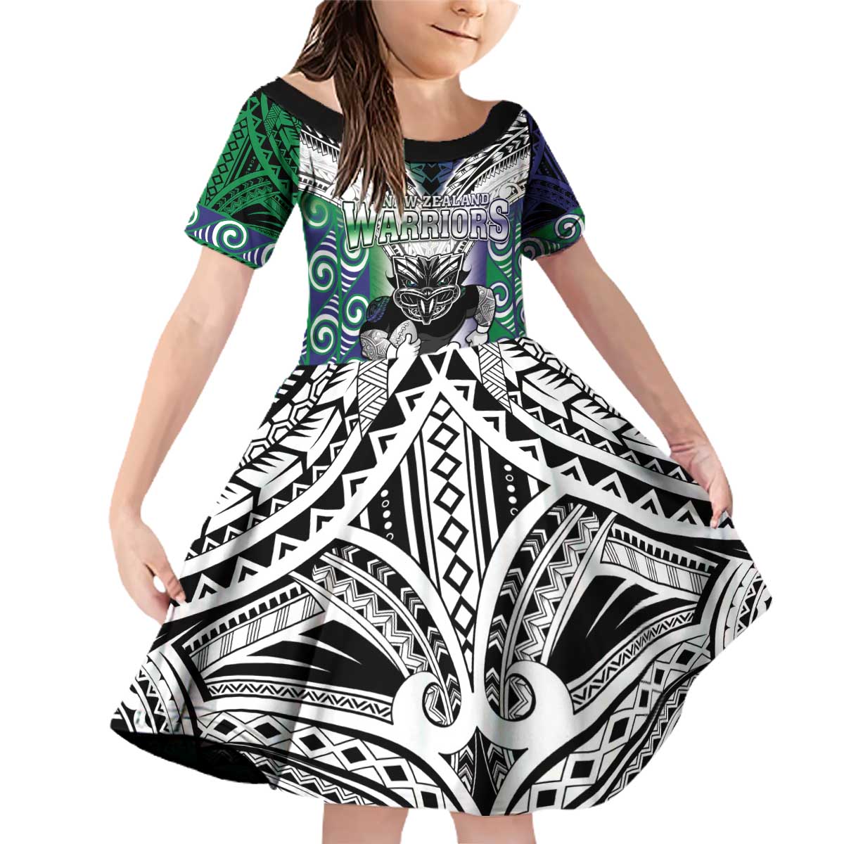 Custom New Zealand Warrior Family Matching Off Shoulder Short Dress and Hawaiian Shirt Maori Tribal Pattern LT05 Daughter's Dress Green - Polynesian Pride
