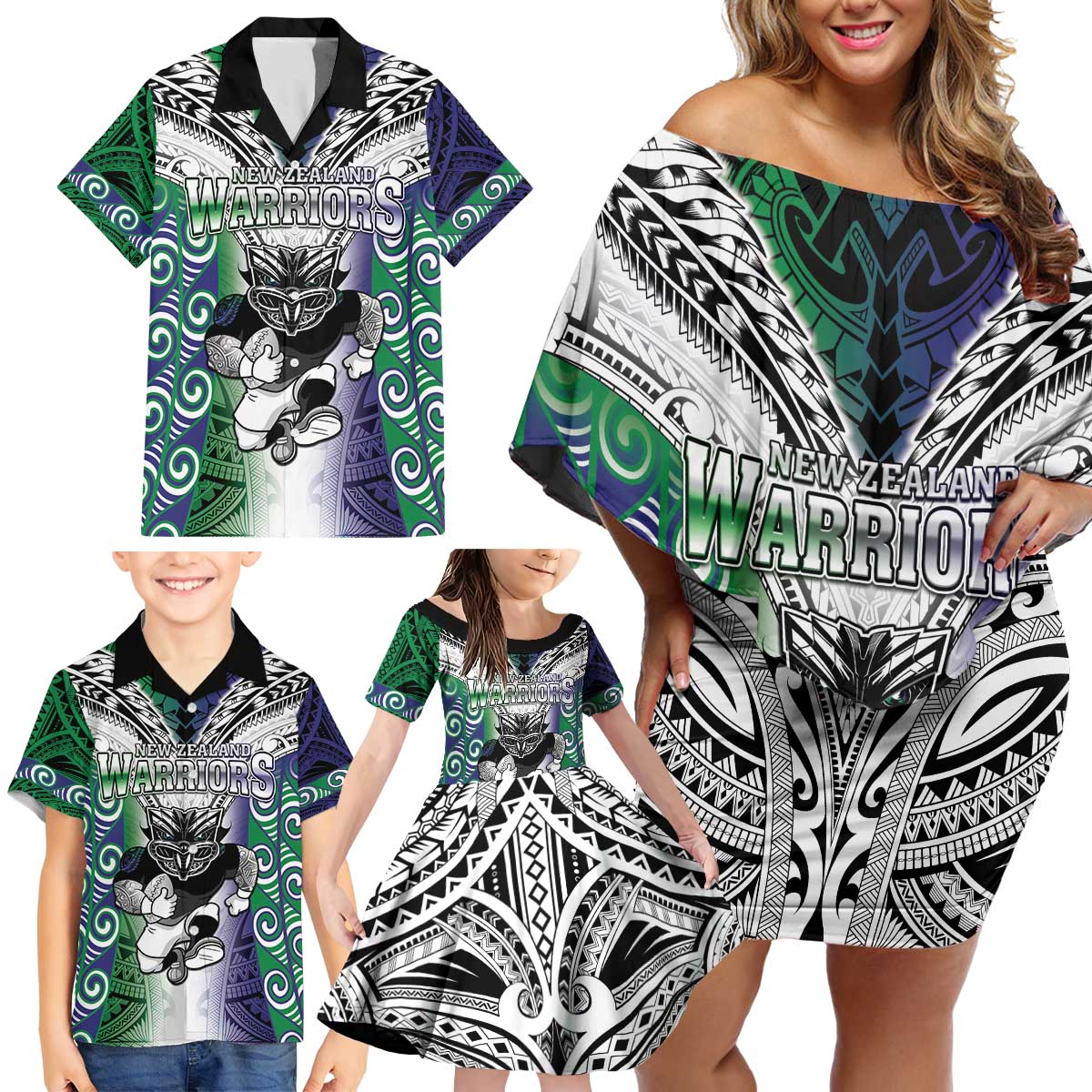 Custom New Zealand Warrior Family Matching Off Shoulder Short Dress and Hawaiian Shirt Maori Tribal Pattern LT05 - Polynesian Pride