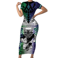 Custom New Zealand Warrior Family Matching Short Sleeve Bodycon Dress and Hawaiian Shirt Maori Tribal Pattern LT05 Mom's Dress Green - Polynesian Pride