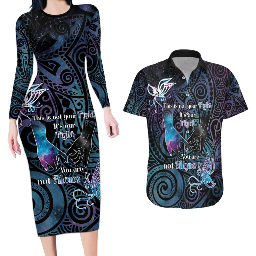 Suicide Awareness Couples Matching Long Sleeve Bodycon Dress and Hawaiian Shirt You Are Not Alone LT05 Black - Polynesian Pride